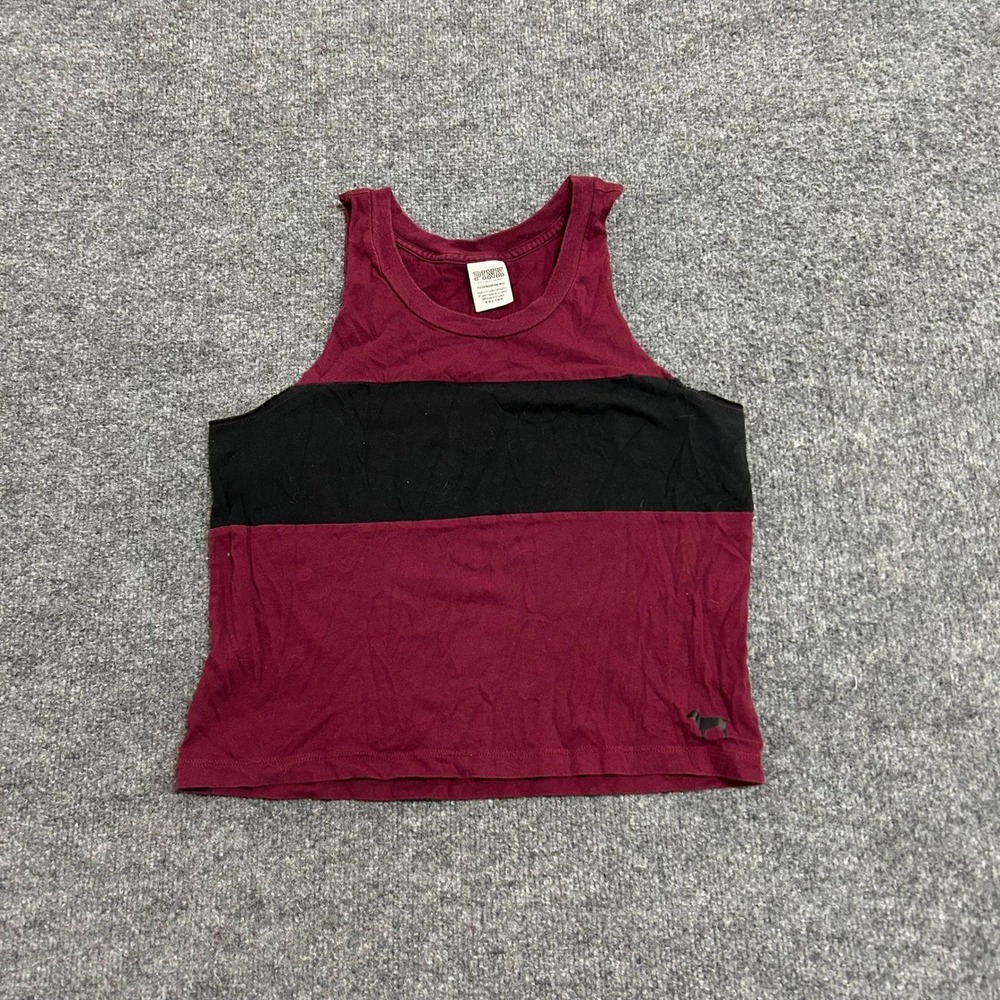 PINK Tank Top Womens Size XS Burgundy Black Colorblock Cotton Cropped Athletic
